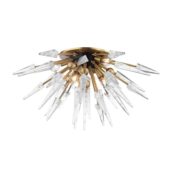The Sparta semi-flush mount combines classic elegance with contemporary proportions. Its 28-inch diameter and aged brass finish create a sophisticated focal point for larger spaces without overwhelming lower ceilings.