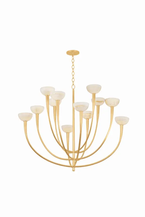 A dramatic 12-light chandelier featuring biomorphic metalwork in Vintage Gold Leaf with natural onyx shades. Each piece is unique due to the natural stone veining. Perfect for grand spaces requiring a bold focal point.