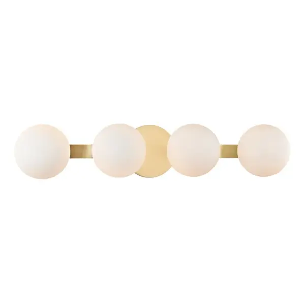 The Baird bath bracket combines minimalist Scandinavian design with luxurious finishes. Four oversized glass orbs framed by circular metal backplates create a striking graphic statement while providing excellent task lighting for vanities.