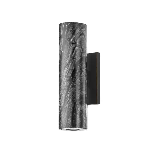 The Predock combines minimalist metal construction with distinctive nero madera marble detailing. Its compact 2.5-inch profile and integrated LED make it ideal for modern bathrooms and hallways where space is premium.