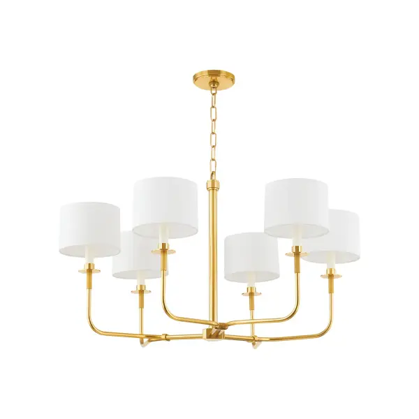 Paramus reimagines traditional candle-style chandeliers with elongated arms and oversized white linen drum shades. The 36-inch width and adjustable height make it a commanding presence perfect for dining rooms and foyers.