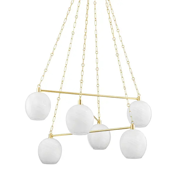 Asbury Park brings architectural interest with its asymmetric arrangement of cloud-etched glass shades suspended on delicate chains. The aged brass finish adds warmth while the airy design prevents visual heaviness in large spaces.