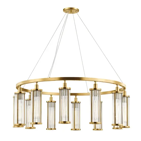 The Marley makes a bold architectural statement with its 42.5-inch span and 12 lights. The aged brass finish adds warmth while clear glass shades provide clean, unobstructed light. Perfect for large dining spaces and grand entryways.