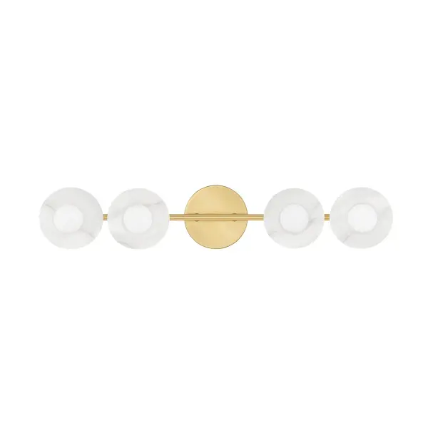 The Elmont bath bracket delivers sophisticated vertical illumination with four alabaster glass shades arranged along a sleek aged brass frame. Its 24.75-inch height makes it ideal for flanking mirrors or providing ample task lighting in bathrooms.