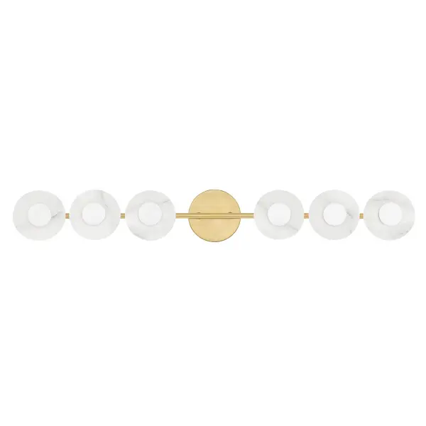 The Elmont bath bracket delivers sophisticated lighting with six G16.5 bulbs arranged vertically along a 34-inch aged brass frame. Natural alabaster glass shades provide soft, flattering illumination ideal for grooming tasks.