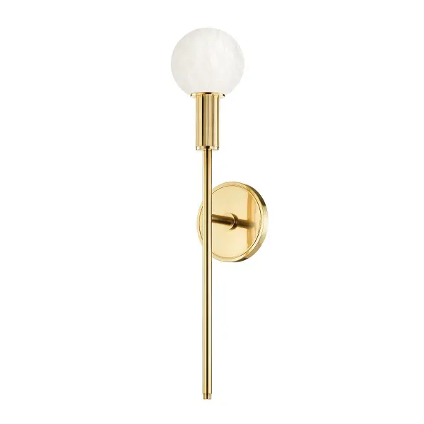 The Murray Hill sconce combines classic elegance with modern LED efficiency. Its elongated vertical profile and aged brass finish bring warmth to bathrooms and hallways, while the alabaster glass diffuses light beautifully.