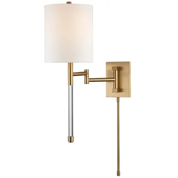 The Englewood combines functional adjustability with refined design. Its two-part swing arm offers versatility for reading or task lighting, while the clear acrylic tail adds a modern, sophisticated touch to the aged brass finish.