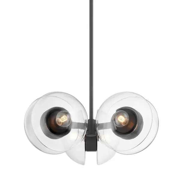 The Kert chandelier makes a bold statement with its unique half-round clear glass shades and sculptural metal ring design. At 27 inches wide, it's perfectly scaled for dining rooms and kitchen islands, offering both visual impact and functional lighting.
