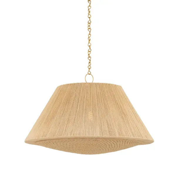 A stunning statement piece featuring handcrafted jute construction with vertical string walls and decorative crochet detailing. The natural fiber texture and aged brass accents create warmth and organic appeal perfect for coastal or eclectic interiors.