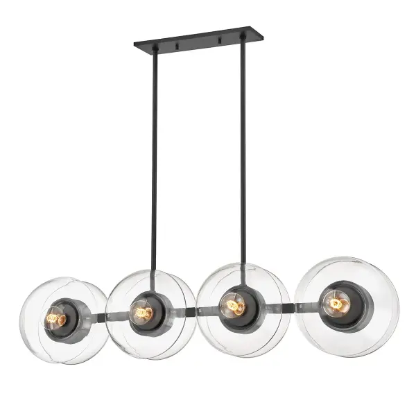 The Kert combines clear glass and metal in a striking sculptural form. Its 50-inch linear profile and eight lights make it ideal for kitchen islands and dining tables, while the unique half-round glass shades create visual interest from every angle.