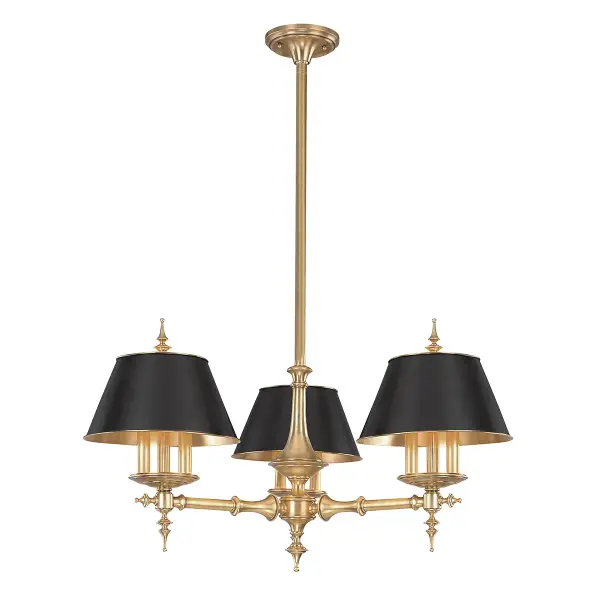 The Cheshire chandelier combines classical candlestick columns with bold matte black shades for a striking contrast. Hand-rubbed aged brass finish adds warmth while coordinated shade interiors amplify the metallic glow. Perfect for making a statement in formal dining rooms.