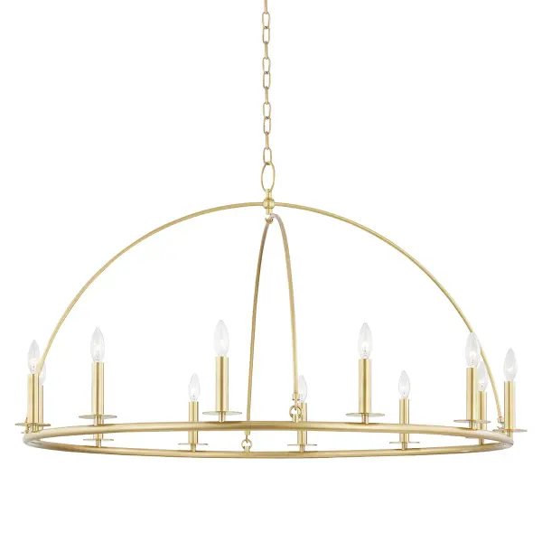 The Howell combines classic wagon wheel design with contemporary metal arches that form a smooth dome shape. Its 12 candelabra lights provide abundant illumination, making it perfect for large dining rooms and grand entryways.