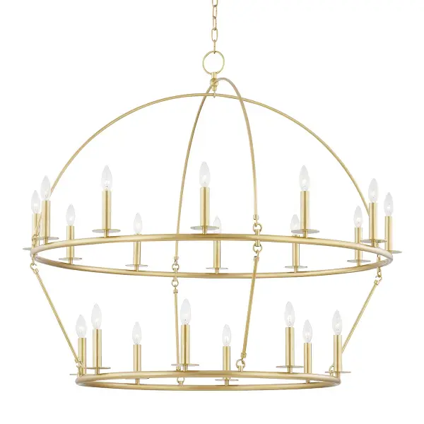 The Howell brings dramatic scale and timeless elegance with its 20-light wagon wheel design. Metal arches create a smooth dome shape that softens the traditional silhouette, while abundant candelabra lighting provides exceptional illumination for large spaces.