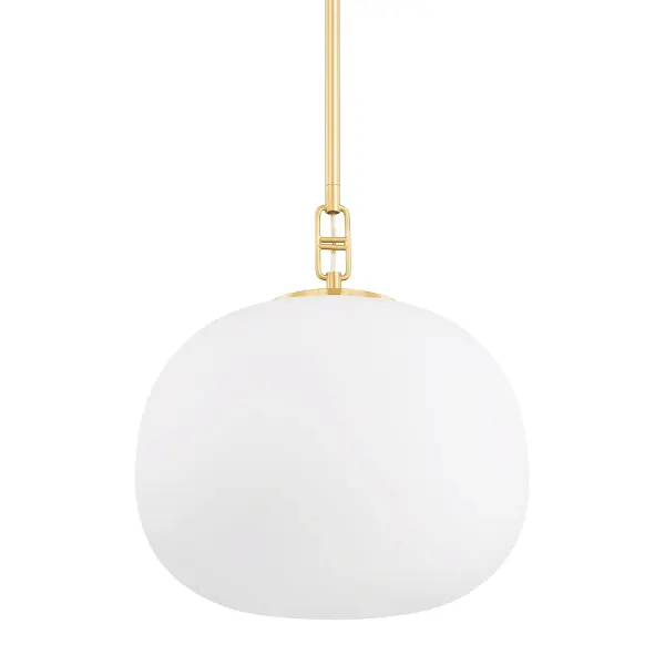 The Ingels pendant reimagines the classic globe with an elliptical opal glass shade and sophisticated buckle-like hardware. Its warm aged brass finish and adjustable height make it versatile for various spaces.