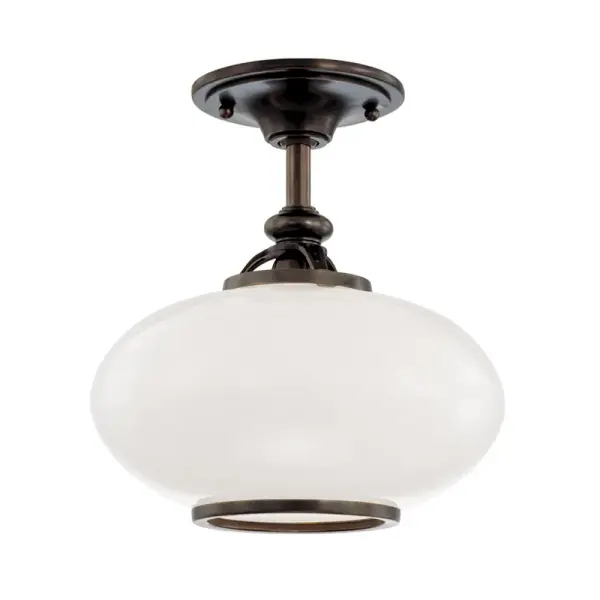 The Canton semi-flush mount delivers timeless appeal with its Old Bronze finish and opal glass shade. Compact 12-inch diameter makes it ideal for smaller spaces needing ambient lighting without sacrificing ceiling height.
