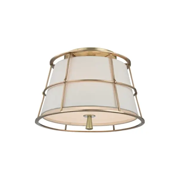 The Savona combines aged brass metalwork with white linen and etched glass shades for a sophisticated, layered look. Its compact 14.25" diameter fits smaller spaces while delivering ample light through two bulbs.
