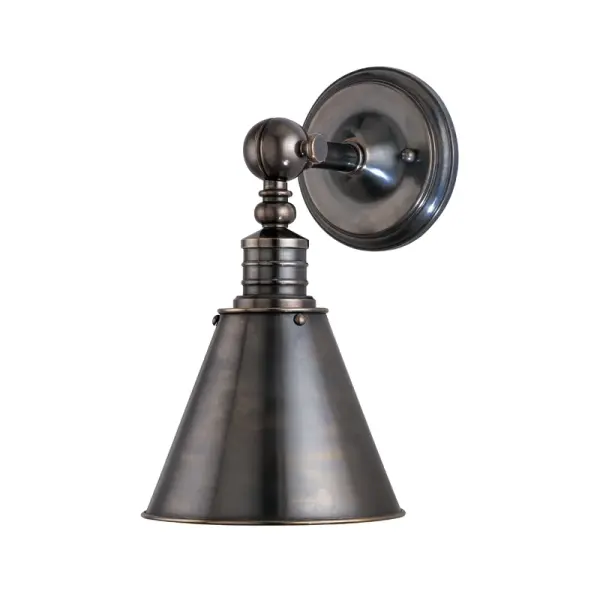 The Darien wall sconce delivers authentic industrial character through thoughtful details like oversized ornamental swivels, double-ringed socket holders, and decorative rivets. Its compact 8-inch width makes it ideal for smaller spaces while the distressed bronze finish adds warmth and vintage appeal.