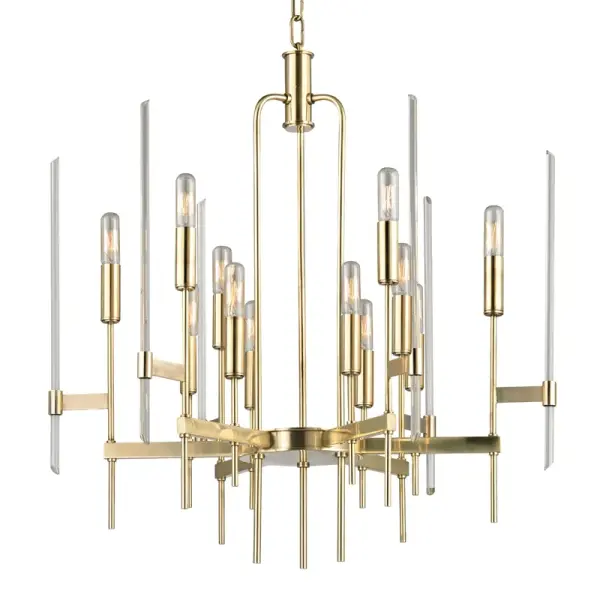 The Bari chandelier combines classic elegance with contemporary sensibility. Its 12-light configuration and aged brass finish create a warm, sophisticated ambiance perfect for dining spaces and entryways.