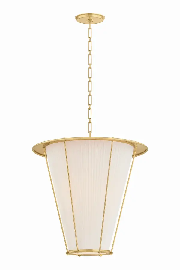 Ellsworth reimagines the classic lantern with sophisticated material pairing—pleated ivory silk softens a structured Aged Brass frame. Ornamental rivets and vertical rods add tailored detail, while adjustable chain height offers versatility.
