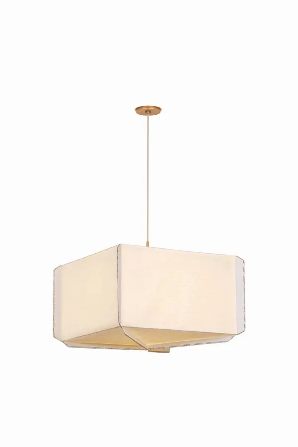 Louise brings warmth and texture through its handmade paper construction and distinctive mushroom-colored whipstitching. The lantern silhouette offers generous illumination while the Patina Gold Leaf hardware adds refined elegance.