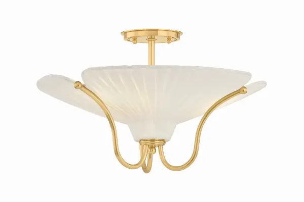 The Gerhard semi flush mount beautifully merges Art Nouveau organic motifs with architectural precision. Its gracefully arched brass metalwork and uniquely pleated ivory linen shades create dimensional botanical shapes that serve as both functional lighting and sculptural art.