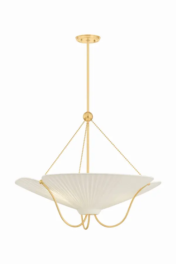 Gerhard transforms Art Nouveau floral motifs into architectural elegance with gracefully arched brass metalwork and uniquely pleated ivory linen shades. The warm Aged Brass finish and dimensional fabric create a refined focal point.