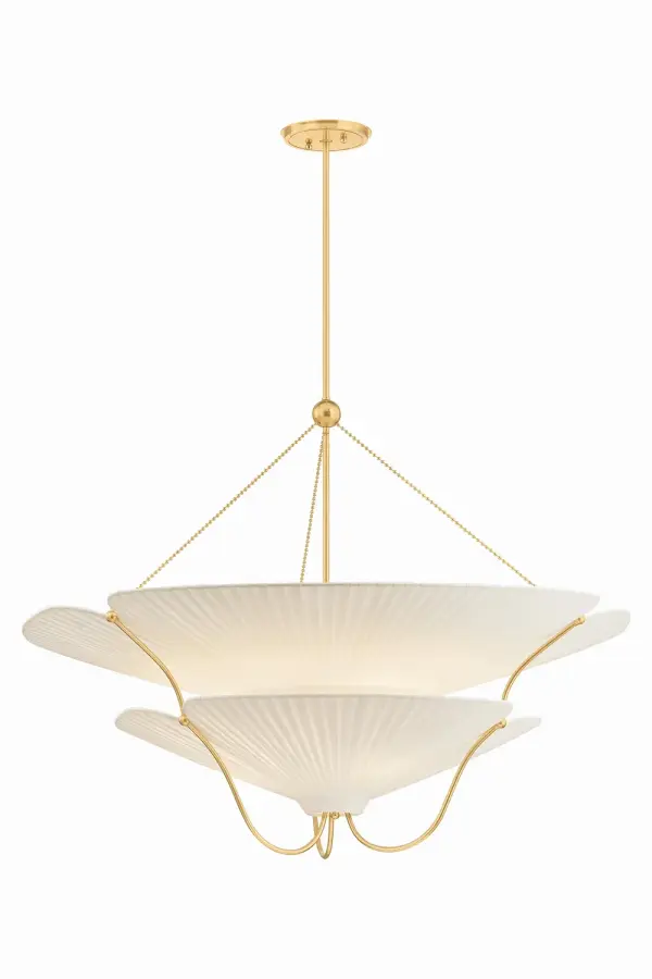 The Gerhard chandelier transforms Art Nouveau botanical motifs into a contemporary architectural statement. Its gracefully arched metalwork and uniquely pleated ivory linen shades create dimensional, organic forms that serve as both functional lighting and sculptural art.