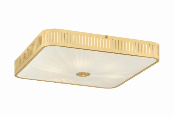 Henri brings architectural sophistication to compact spaces with its perforated brass frame and pleated silk shade. The shallow 5-inch profile makes it ideal for standard ceiling heights while delivering warm, diffused light.