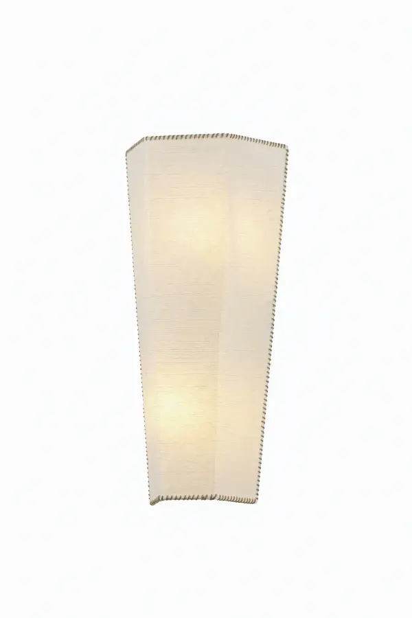The Celmins wall sconce brings quiet architectural beauty through handcrafted paper shades with mushroom-hued whipstitching. Its angular form and soft texture create a warm, sculptural presence ideal for intimate spaces.
