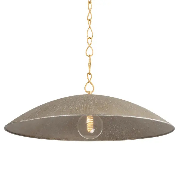 This sophisticated pendant combines vintage gold leaf with textured warm silver leaf for a refined, transitional aesthetic. The mixed metal finish adds depth and visual interest, making it versatile enough for both traditional and contemporary spaces.