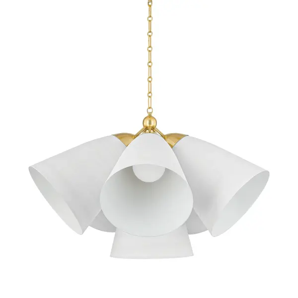 This elegant five-light chandelier combines aged brass metalwork with white plaster shades for a refined transitional aesthetic. The linear design works beautifully over dining tables and kitchen islands.