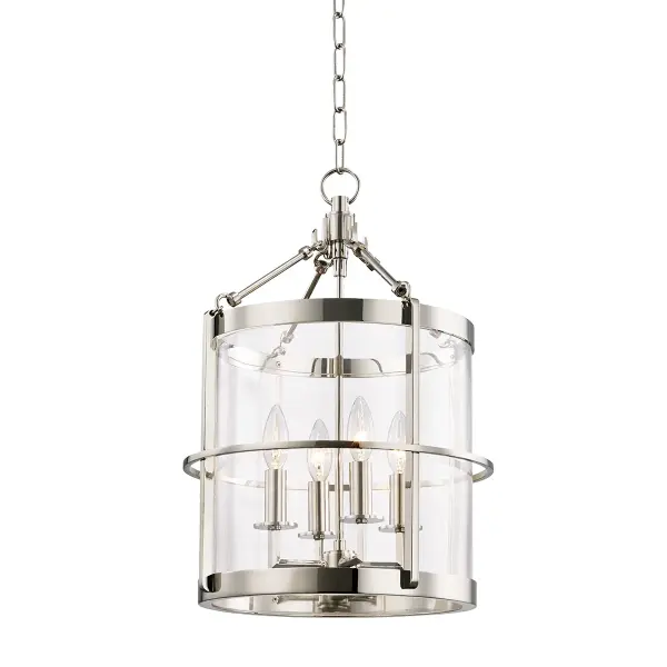 The Ren lantern combines traditional lantern form with clean contemporary lines in a polished nickel finish. Its 13.75" width and clear glass panels make it ideal for foyers and dining spaces seeking refined elegance.