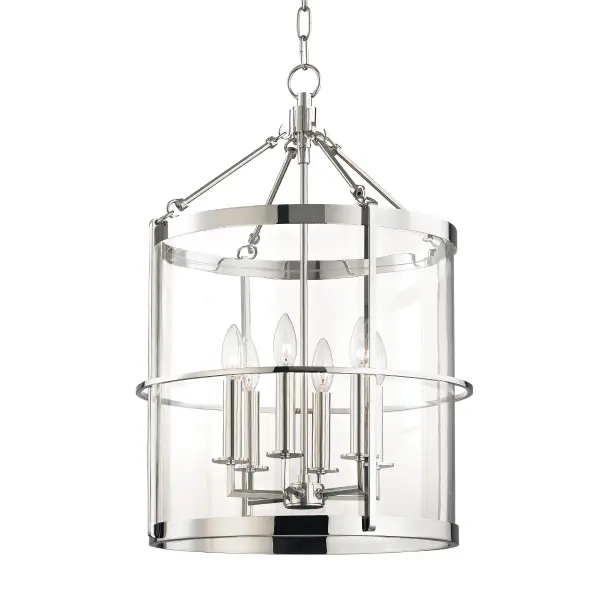 The Ren lantern combines classic lantern styling with refined polished nickel finish, creating a versatile fixture that bridges traditional and contemporary design. Its generous 17.5-inch width and clear glass panels provide ample illumination while maintaining visual elegance.