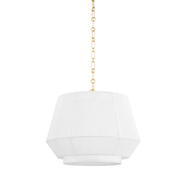 Debi combines a clean linen drum shade with a delicately wrapped linen string frame, creating dimensional texture and visual interest. The aged brass hardware adds warmth and sophistication to the monochromatic palette.