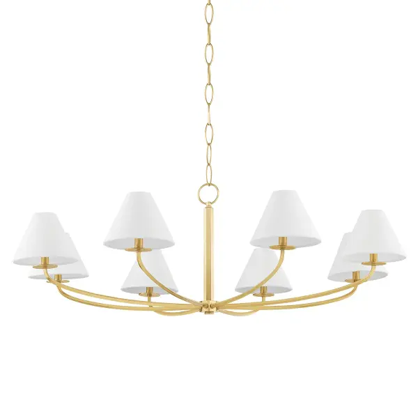 Stacey reimagines the traditional shaded chandelier with elevated metalwork and subtle sophistication. The bias-cut circular backplate and knurled detailing add visual interest, while white linen shades provide warm, diffused light.