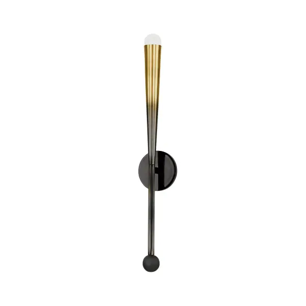 The Adley wall sconce features a unique gradient finish that transitions from brass to bronze, creating a sculptural focal point. Its free-form geometric design and artistic ombre effect make it ideal for entryways and hallways where it can serve as both functional lighting and art.