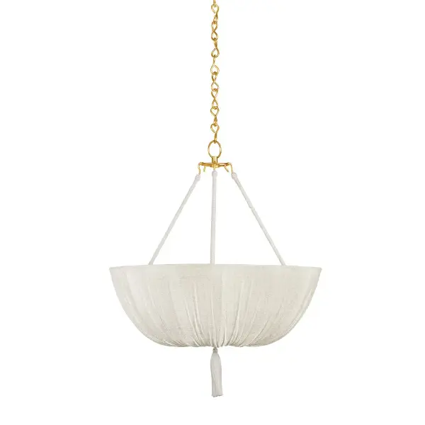 The Carolina pendant combines soft raw silk with clear etched glass for a sophisticated, airy aesthetic. The wrapped rods and matching tassel add artisanal detail, while Aged Brass hardware provides warm elegance perfect for dining and bedroom spaces.