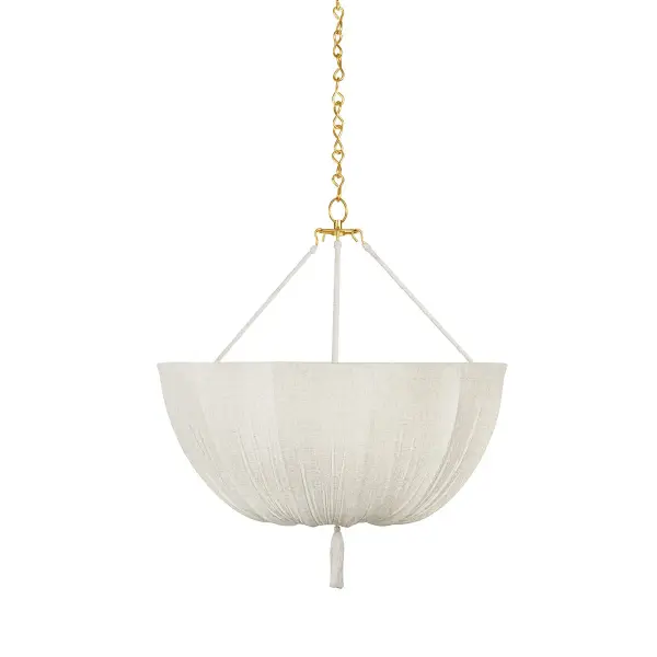 The Carolina pendant makes a sophisticated statement with its generous 30-inch diameter and unique layered construction. Raw silk overlays clear etched glass for dimensional visual interest, while wrapped rods and matching tassel add artisanal detail.