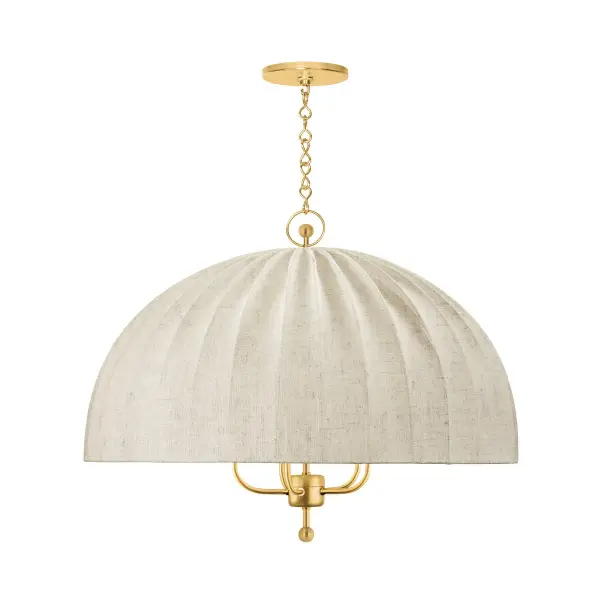 The Palmetto chandelier combines natural silk pleating with aged brass metalwork for a sophisticated, textural statement. Its oversized 30-inch parasol-like shade creates dramatic visual impact while maintaining softness through organic materials.