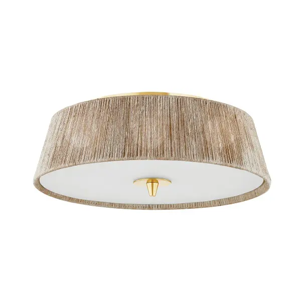 The George semi-flush mount brings sophisticated bohemian style to larger spaces with its banana leaf string shade, rattan wrapping, and etched glass. Natural tonal hues and timeless Aged Brass finish create organic freshness.