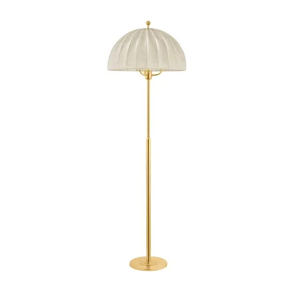 The Palmetto floor lamp makes a bold statement with its oversized parasol-like shade woven from natural silk. Sculptural pleats create visual depth and become more prominent when lit, adding quiet drama to any space.