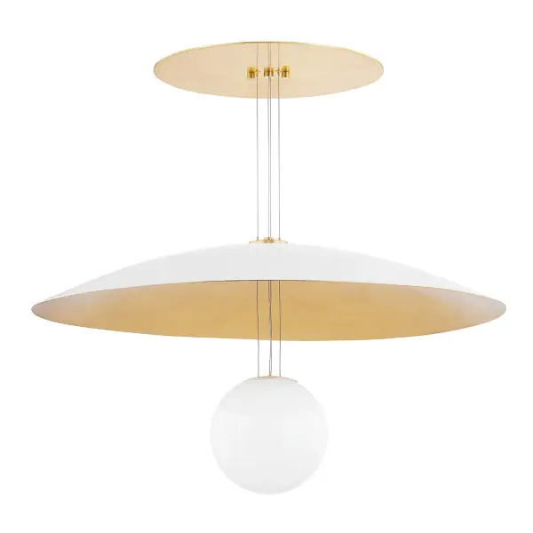 The Brim chandelier reimagines traditional pendant lighting with a striking contemporary aesthetic. Its soft white plaster shade and suspended opal globe create dramatic visual interest while delivering exceptional illumination.