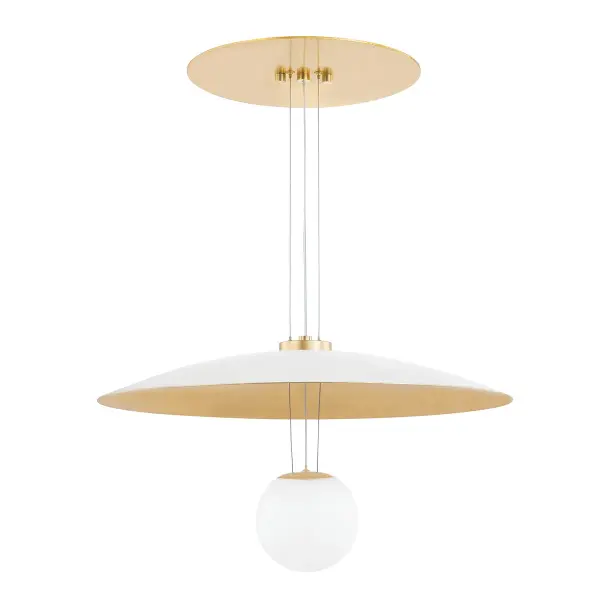The Brim pendant reimagines traditional lighting with its innovative suspended globe design. Three thin wires replace the standard rod, allowing the opal globe to hover beneath a soft white plaster shade with gold leaf interior, creating beautiful ambient and reflected light.