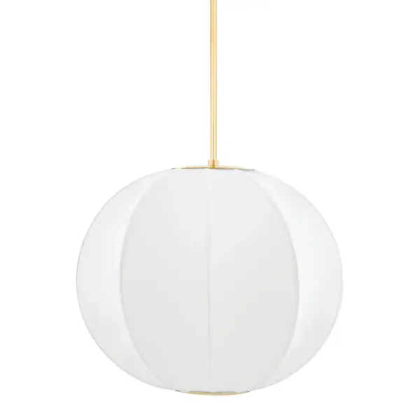 Jupiter makes a bold statement with its oversized drum silhouette wrapped in white stretch fabric over an aged brass frame. The fabric diffuses light beautifully, creating a warm ambient glow that reflects off the ringed canopy above for added visual drama.