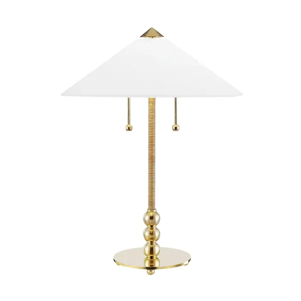 The Flare table lamp combines aged brass metalwork with a white linen shade for sophisticated ambient lighting. Its 24-inch height and 18-inch diameter make it ideal for living spaces and bedrooms seeking warm, contemporary style.