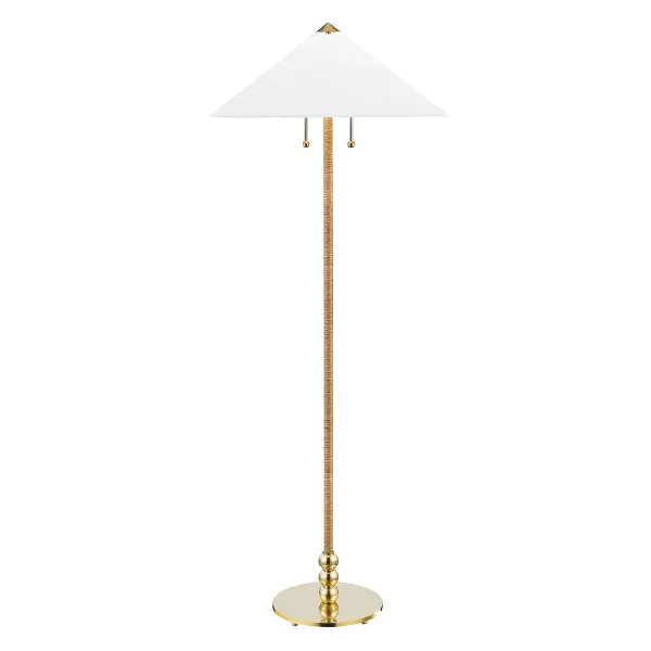 The Flare floor lamp combines contemporary design with transitional appeal, featuring aged brass metalwork and white linen shades. At 62.25" tall with a 24" diameter, it provides versatile ambient lighting with convenient pull-chain control.