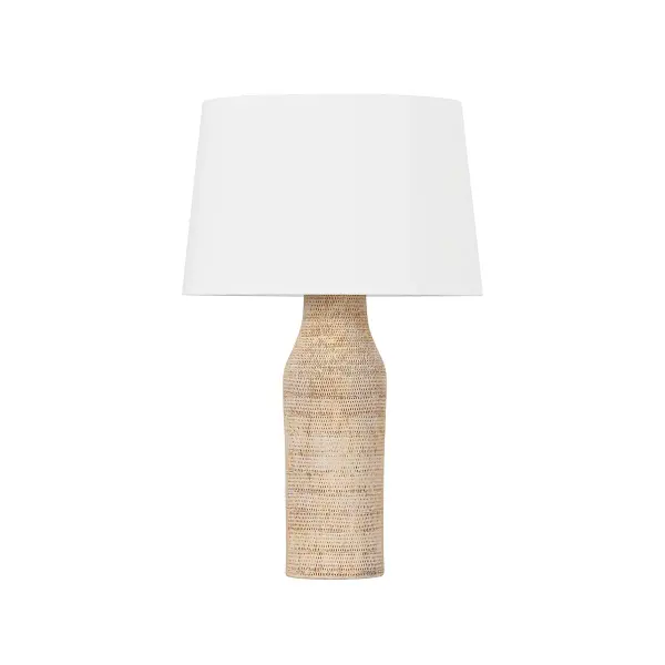 This table lamp combines handcrafted ceramic artistry with warm aged brass accents. The distinctive basketweave texture adds tactile interest and visual depth, making it a sophisticated accent piece for transitional and coastal-inspired interiors.