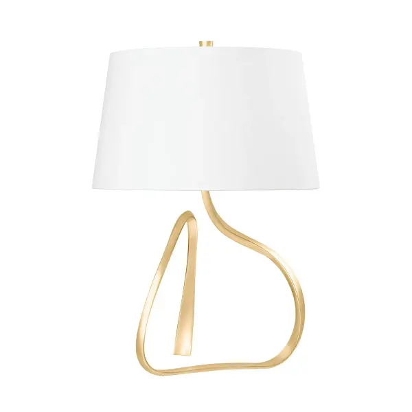 The Tharold brings artistic sophistication with its asymmetrical triangular base and flowing curves. The vintage gold leaf finish creates dynamic visual interest from every angle, while the white linen shade softens the look.