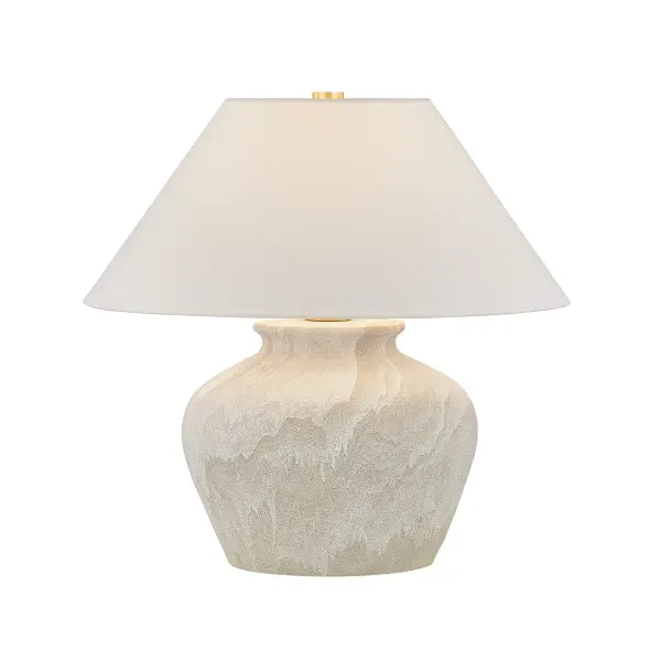 The Allards table lamp draws inspiration from traditional pottery and the beauty of artisan glazing. Its ceramic, urn-like silhouette is finished in Watercolor Sand with a painterly application that lends movement to the surface. A crisp conical white linen shade and Aged Brass hardware provide a note of contrast, balancing the lamp's expressive elements with classic tailoring. Collection: Allards Designer: Hudson Valley Lighting Finish: Aged Brass Glass: White Linen Width: 24.00" Height: 23.50" Weight: 15.65 lb Number of Bulbs: 1 Maximum Wattage: 15.00 W Bulb Type: A19 Bulb Base: E26 Medium Voltage: 120.00 V Material: Ceramic Country of Origin: VN Safety Listing: UL/cUL Safety Rating: Dry Switch: FULL RANGE DIMMER ON SOCKET Manufacturer Warranty: 1 Year Limited Manufacturer Spec Sheet Instructions