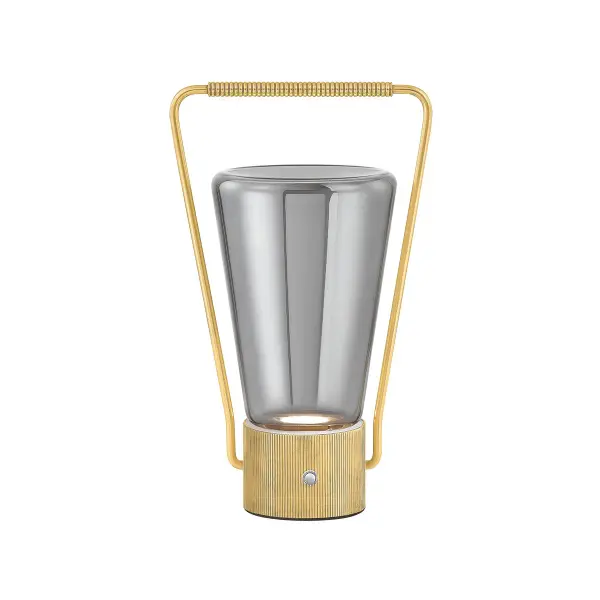 A compact, cordless table lamp that combines vintage lantern charm with modern convenience. The smoke glass shade and aged brass frame create moody ambiance, while integrated LED, USB-C charging, and 12-15 hour battery life make it highly portable and practical for any space.
